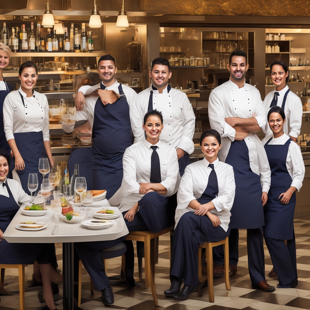 Professional restaurant staff team portrait with friendly service team in upscale steakhouse