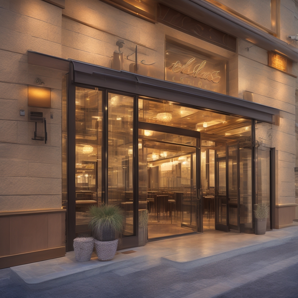 Welcoming steakhouse entrance with warm lighting and modern restaurant exterior
