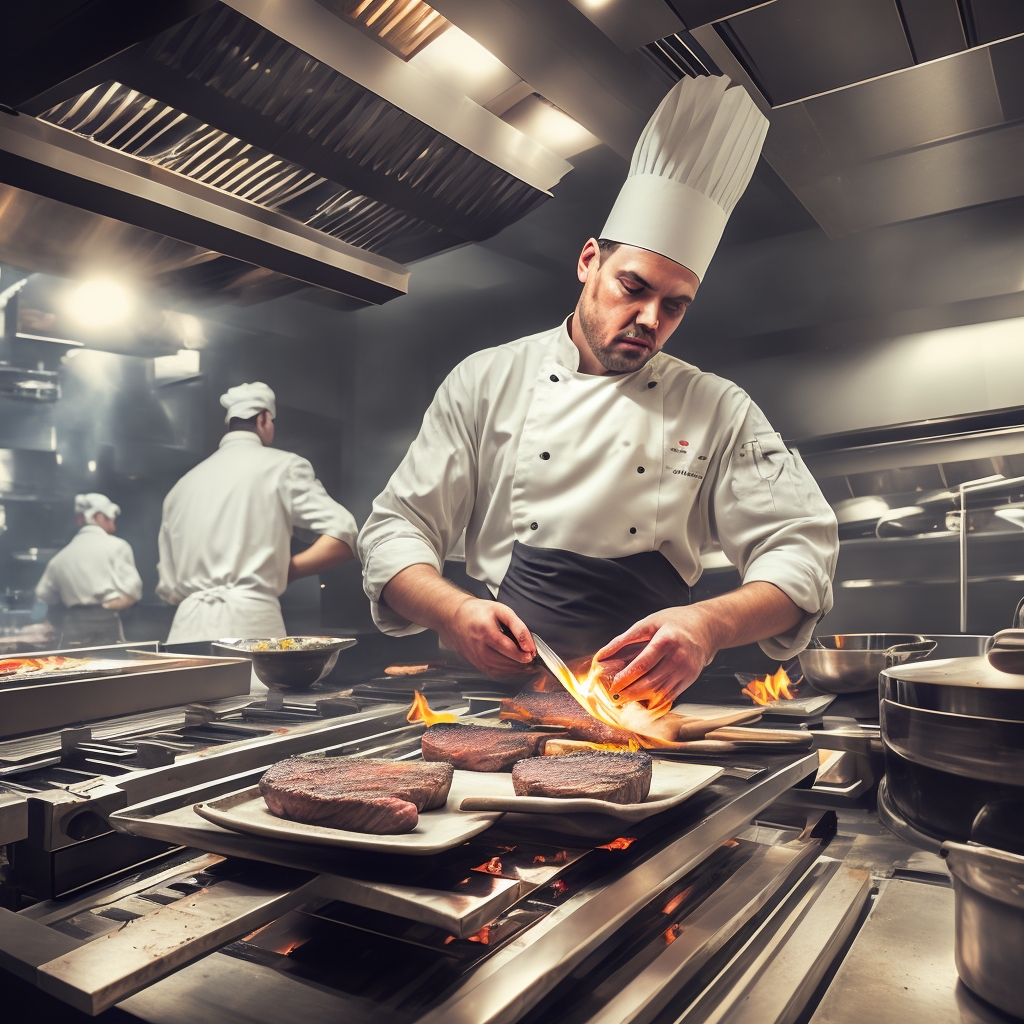 Professional chef preparing premium steak in restaurant kitchen with dynamic cooking action